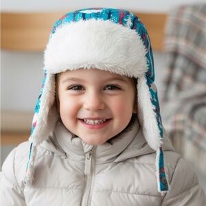Patagonia Kids Winter Trapper Hat Blue Forest Print Gorpcore Faux Fur Trim